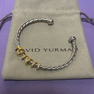 David Yurman Silver Cable Cuff with Yellow Gold and Diamond Accents